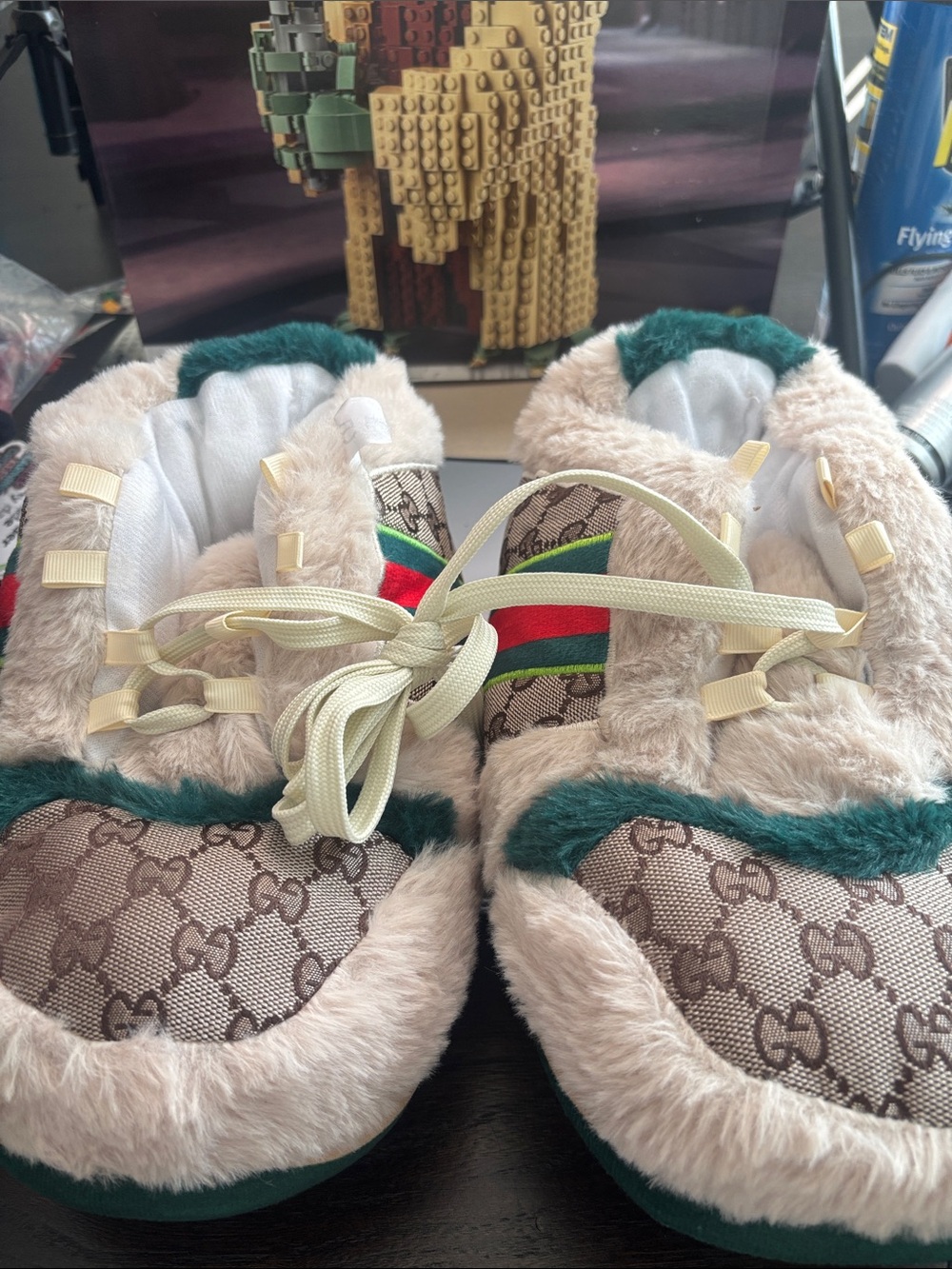 Beige Slippers with Green and Red Stripe and Teal Trim